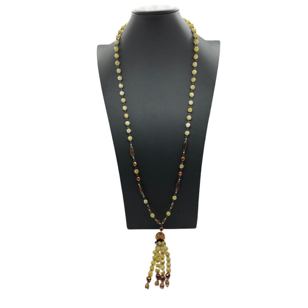 Avon Beaded Naturals Tassel Necklace Long Statement Beaded Brown Yellow 1999